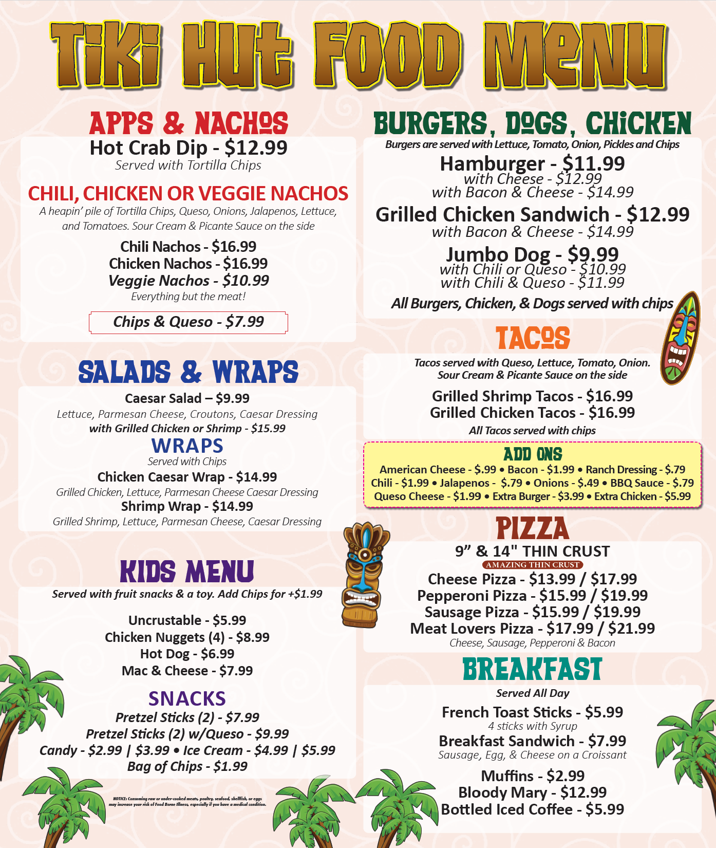 Waterscape Tiki Hut Food Menu